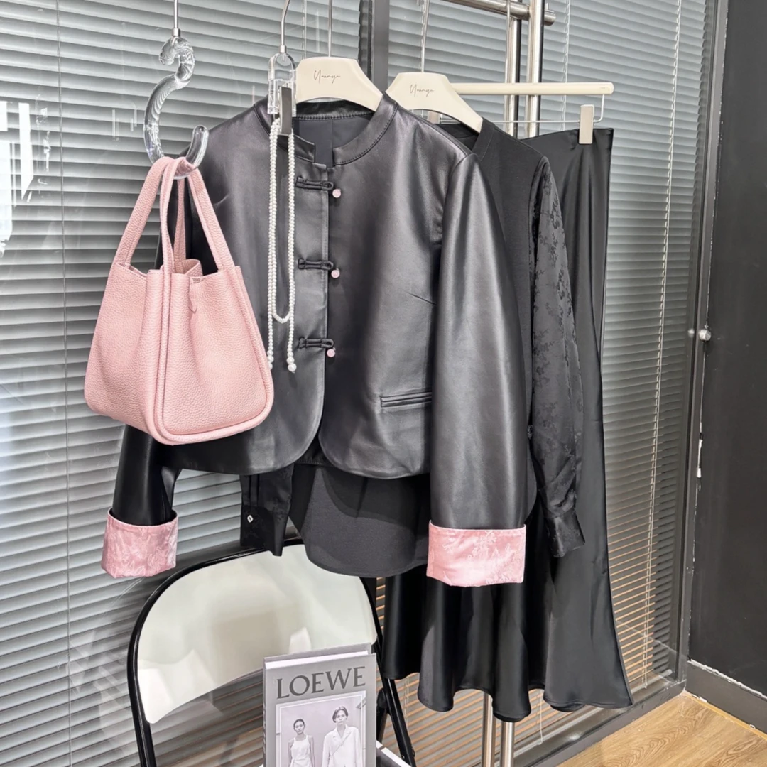 海宁直播拼接中式新款复古冬季黑色皮衣外套高级立领盘扣短款网红