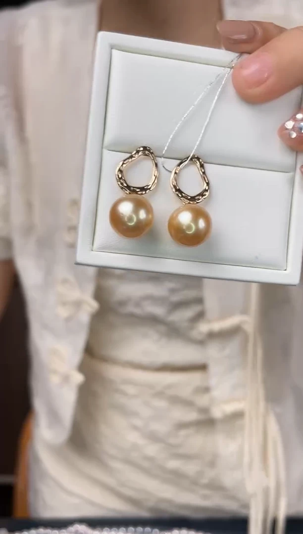 银S925镶嵌海水珍珠耳饰金珠12-13mm