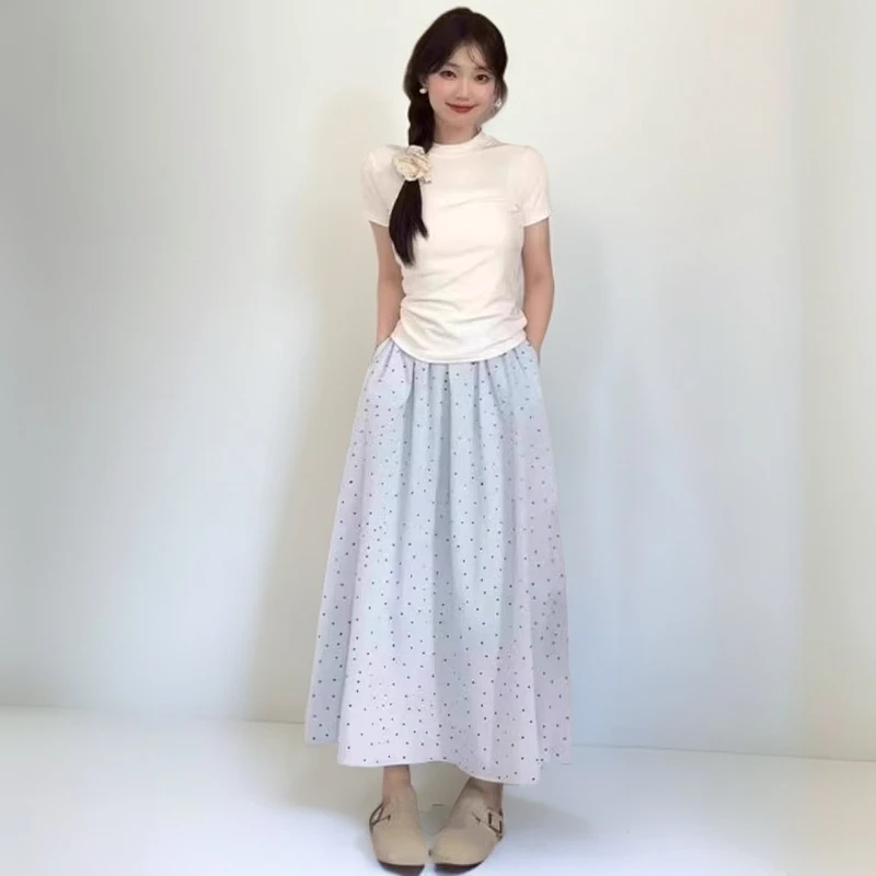 66021长裙中性风薄款松紧带圆点半身裙夏季装梨型身材裙长款