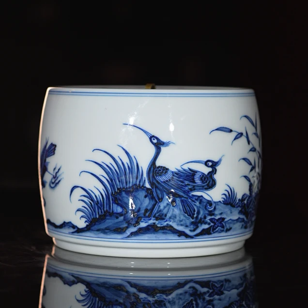 和然窑-和然珍味柴窑青花景德镇全手工手绘白鹭纹茶叶罐高端茶具