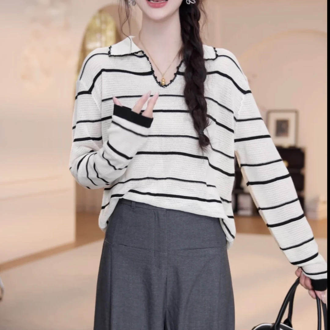 2025早秋高级感气质显瘦休闲套头薄款polo条纹针织长袖LK2505478