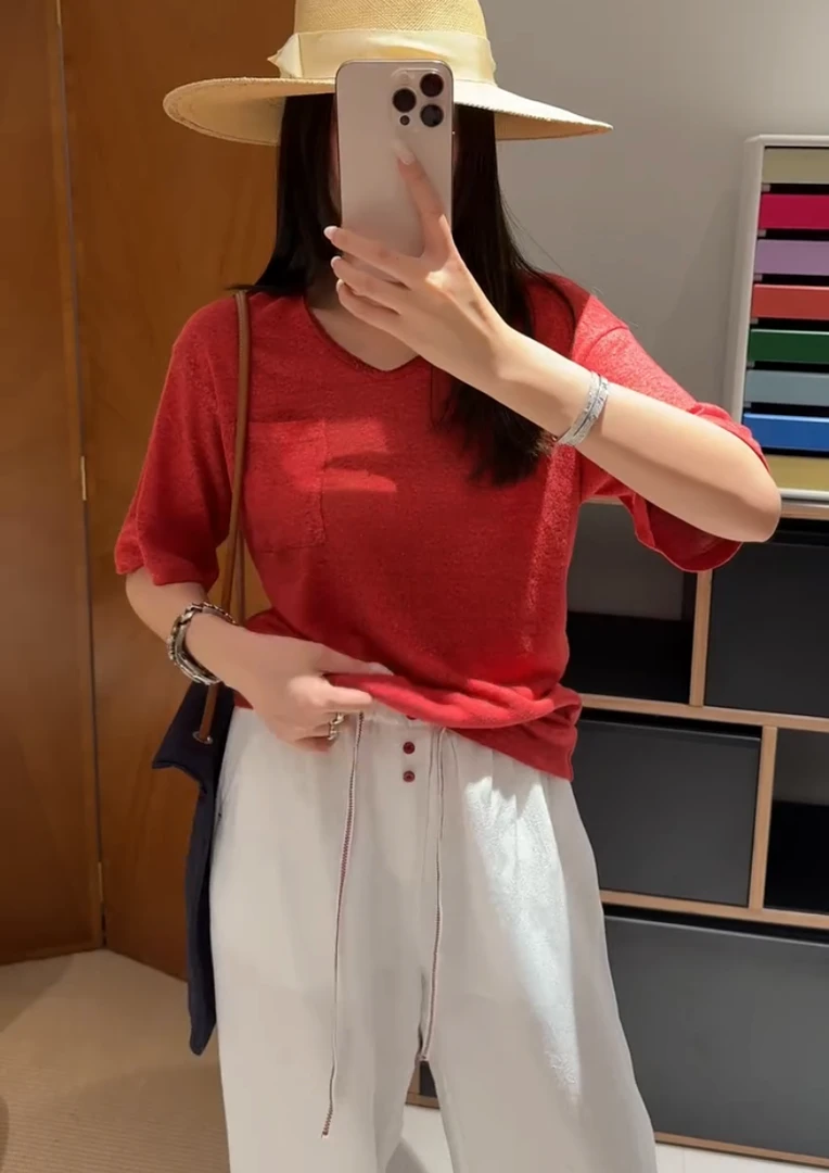 25夏季新款简约松弛感轻薄透气显瘦V领口袋短袖休闲百搭T恤上衣女