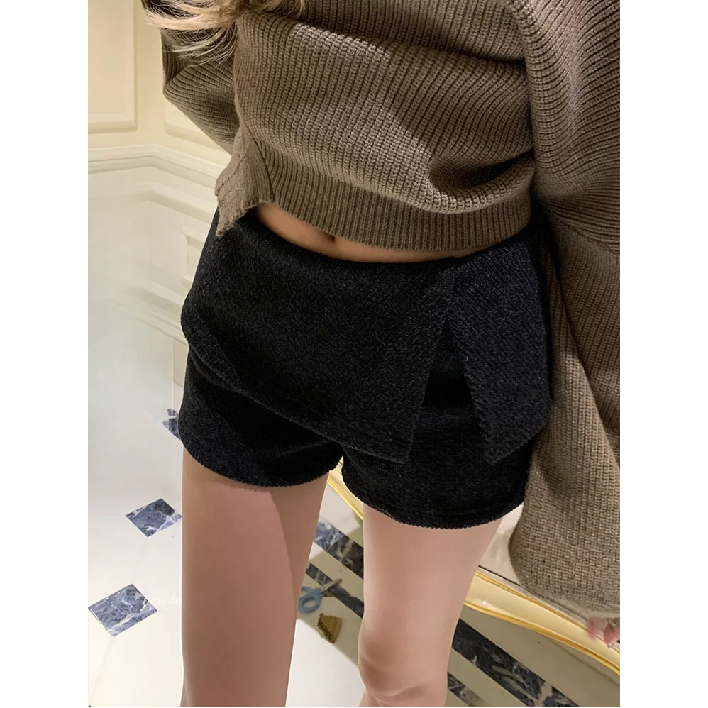 美式辣妹毛呢开叉休闲短裤女冬季新款气质百搭修身显瘦低腰裤子