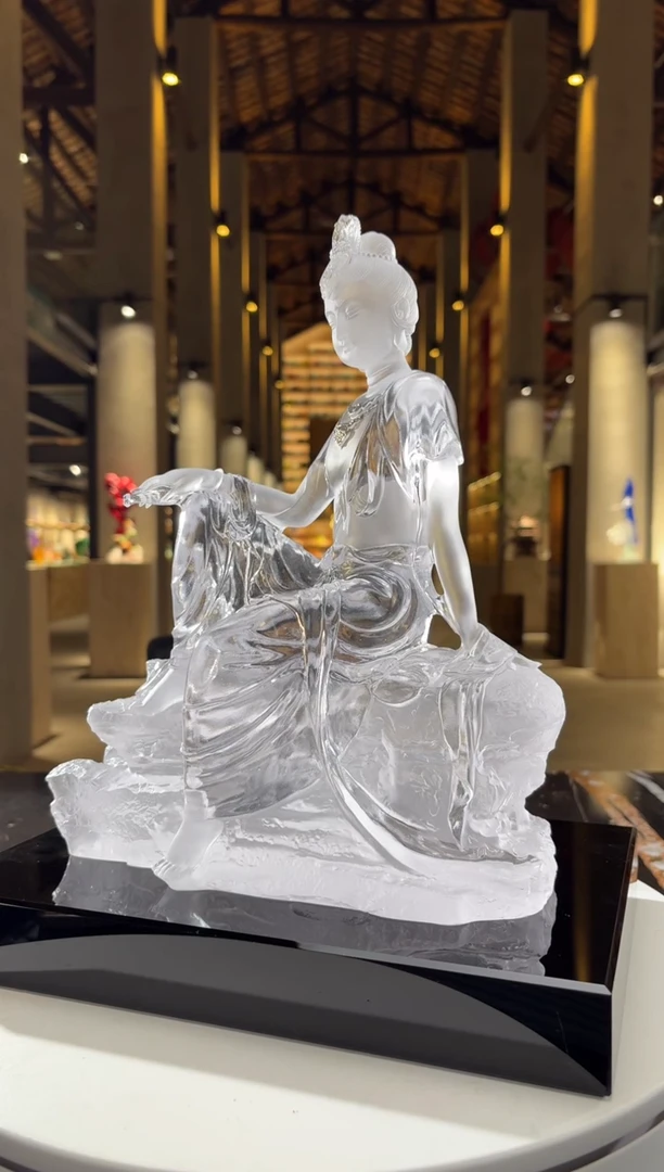 摆件璨石美学净料水月观音琉璃摆件+300*200黑色大底座