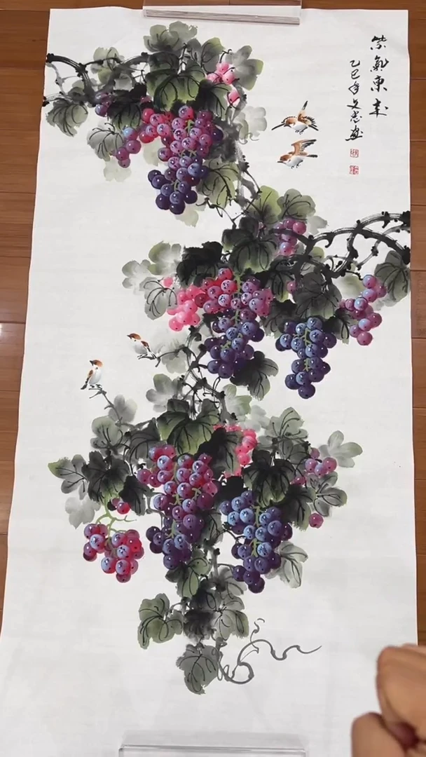 国画【福利，纯手工手绘】张文忠葡萄竖版138*68厘米