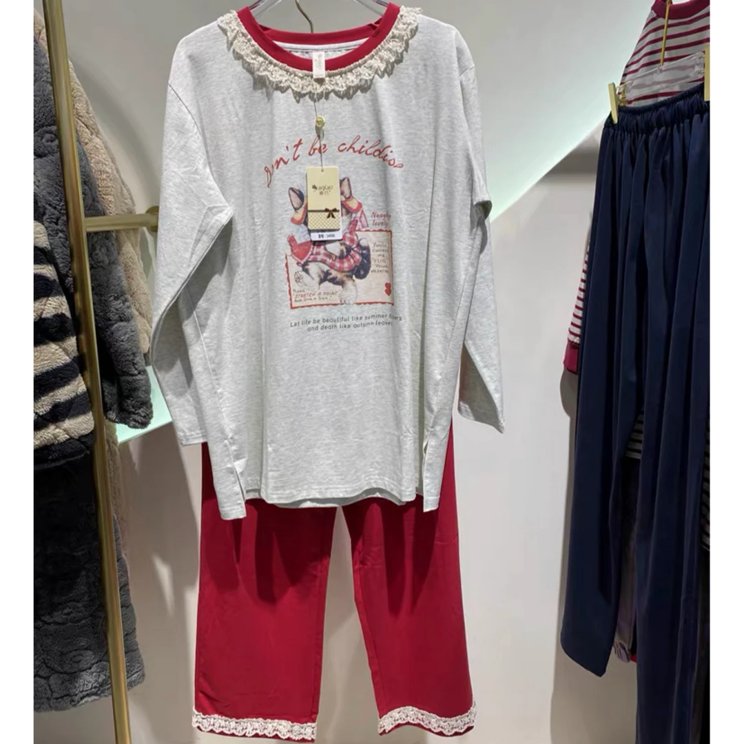 喜家外贸-「蕾丝绮梦」宽松舒适长袖长裤家居服睡衣套装女1821