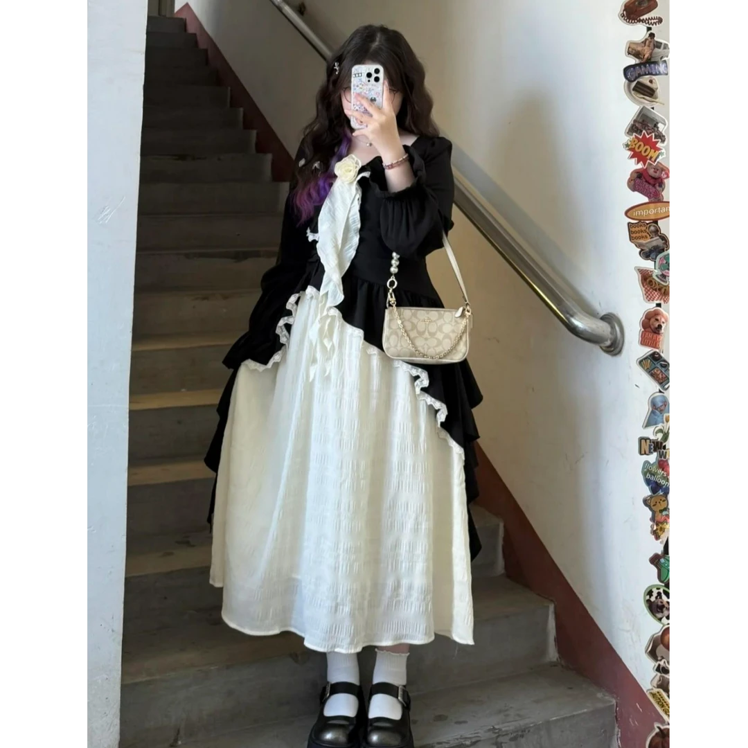 大码微胖赫本风拼接连衣裙女2025秋季微胖大码小众显瘦假两件裙子