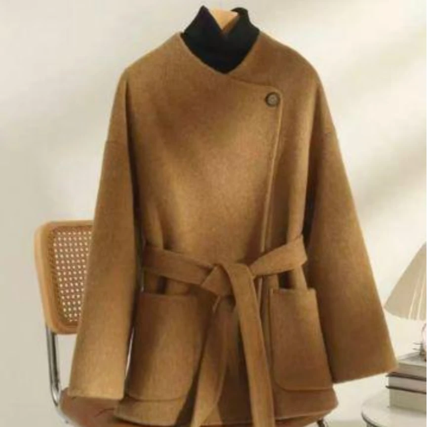 秋冬短款薄款长袖休闲风毛呢外套呢大衣毛呢气质双面FF0023