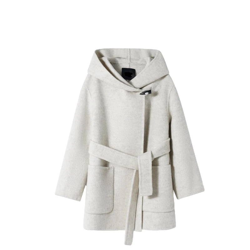 卡寇岚2025秋冬连帽短款通勤风毛呢外套双面羊毛大衣百搭休闲