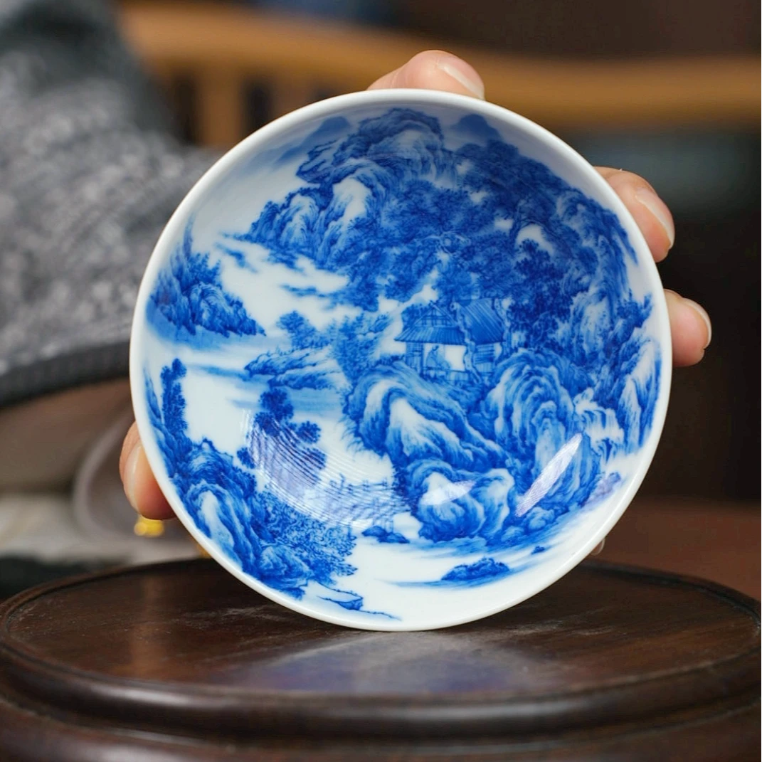 景德镇陶思阁 手工手绘 工笔青花山水 普洱杯 主人杯