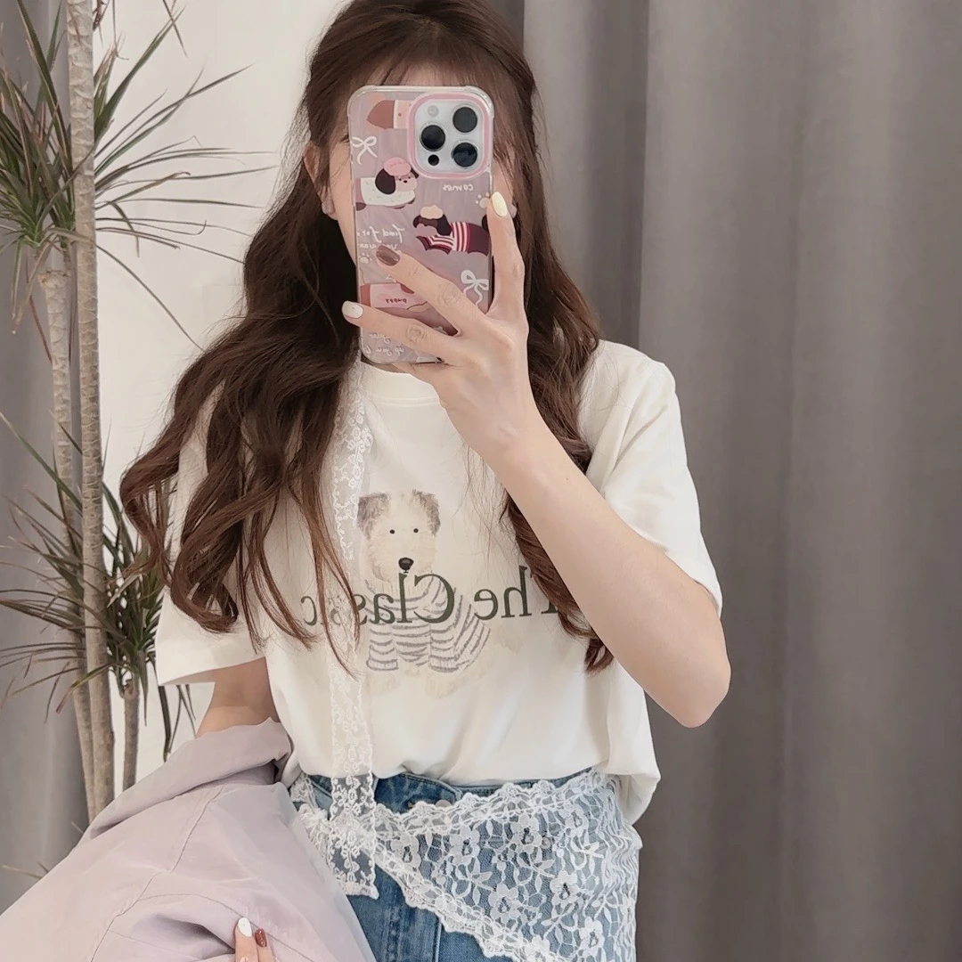 ouran 春款G1166百搭休闲圆领印花小狗T恤（不带丝巾）