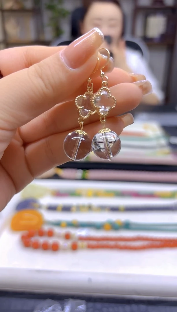 水晶耳饰14K金镶嵌DIY款E819