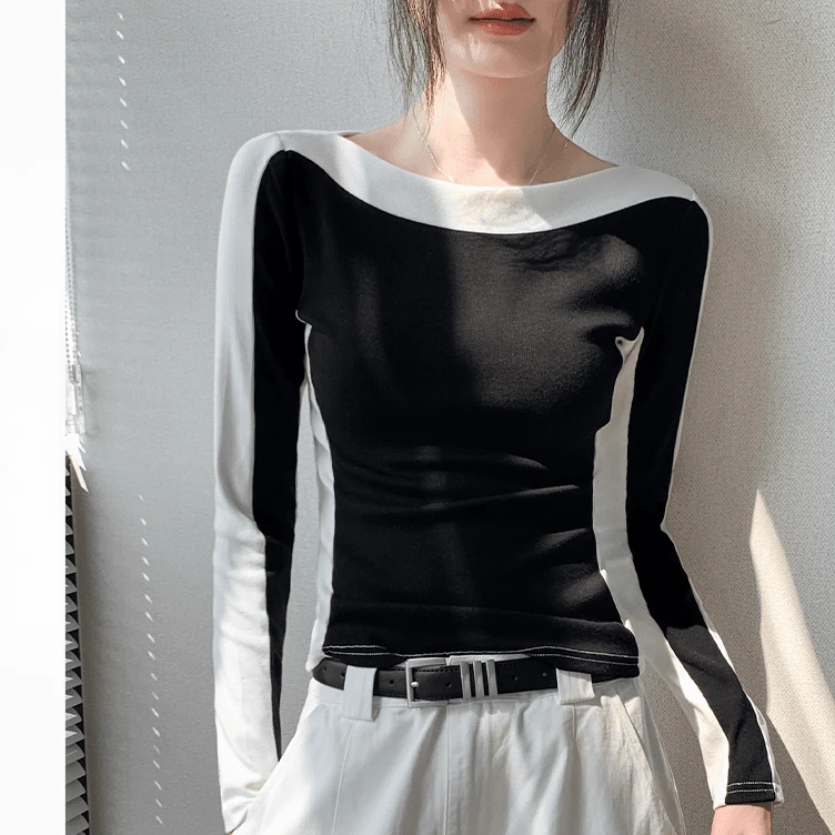 早秋新款黑色内搭一字领长袖T恤女打底修身直角肩拼接撞色ins上衣