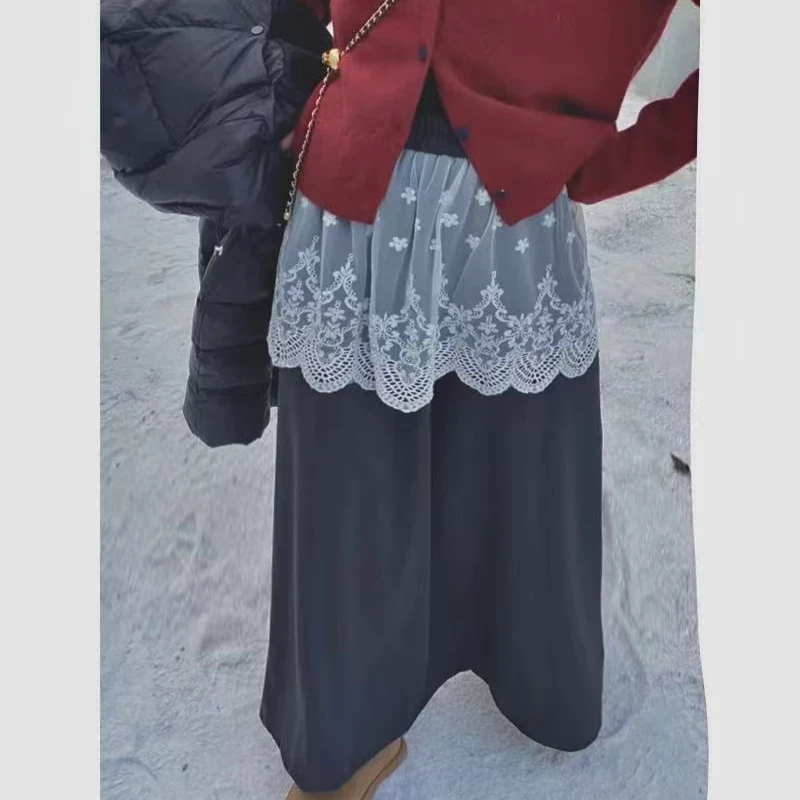 （蕾丝毛呢伞裙）刺绣拼接呢子半身裙2025松紧腰中长款A字裙C348