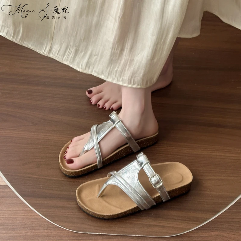 【万达撤柜】银色凉拖鞋女夏外穿2025新款法式复古一字拖度假海边沙