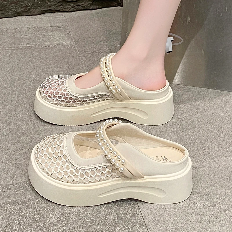 镂空包头珍珠拖鞋女夏季2025新款外穿增高厚底网面网鞋一脚蹬半拖