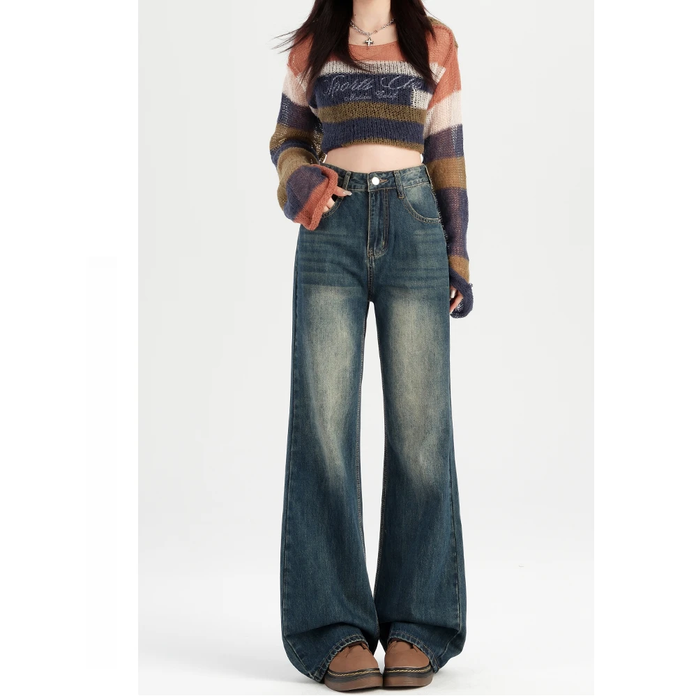 宽松阔腿牛仔裤女复古高腰辣妹新款大码显瘦不贴腿喇叭拖地裤