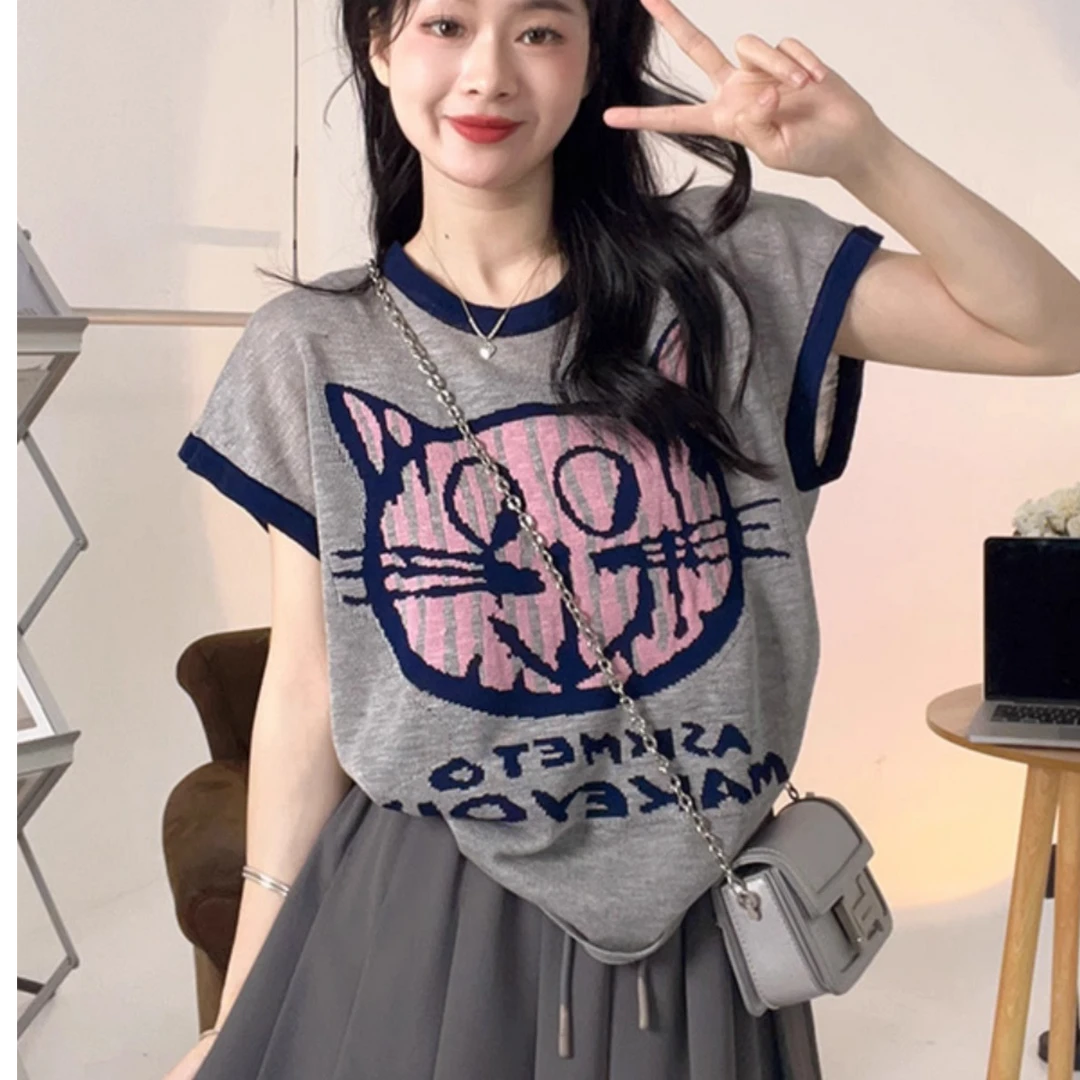 2025夏季新款小猫咪提花短袖针织衫女小众设计感时尚减龄针织衫