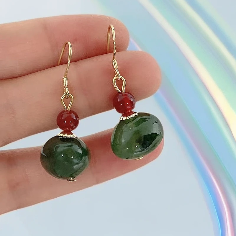 合金耳饰 简约新中式绿色复古耳钩耳环女小众设计百搭国风民族风