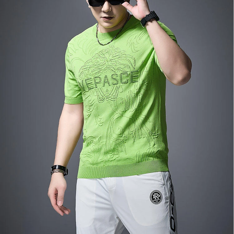2025新款男士春夏季高品质冰麻针织时尚潮流圆领薄款撞色短袖t恤