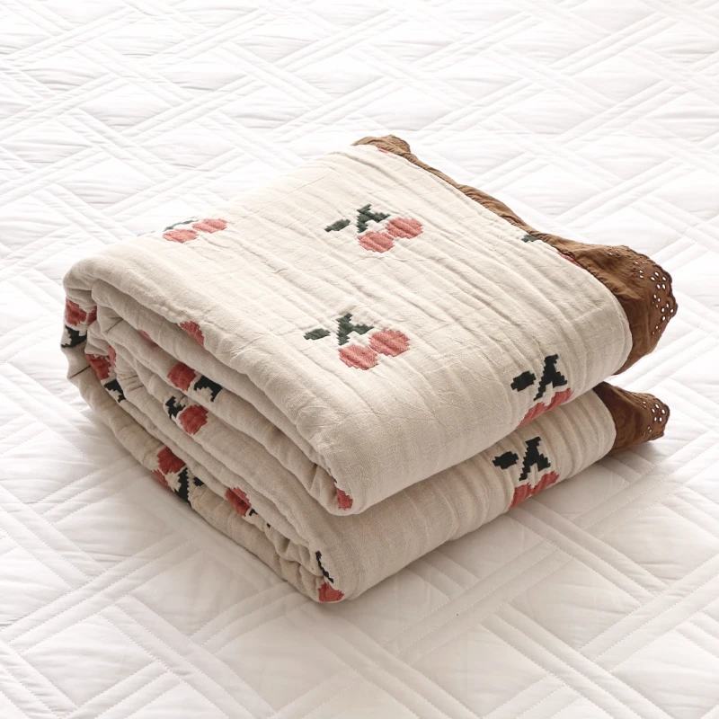 【京かわ会社】花边纯棉夏季纱布双人盖毯 220*240cm肉色素樱桃