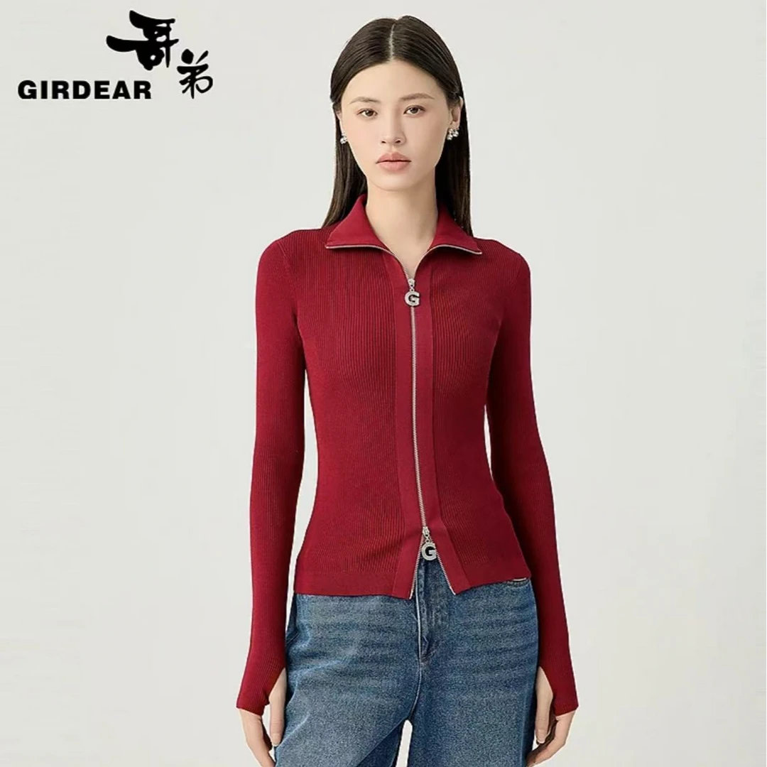 哥弟品质女装经典百搭舒适竖 坑条双头拉链高领长袖针织衫148019
