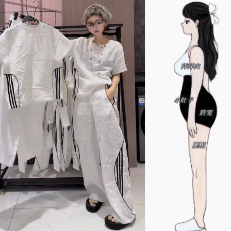 早秋新款法式大码休闲运动套装薄款条纹短袖衬衫阔腿长裤时尚套装
