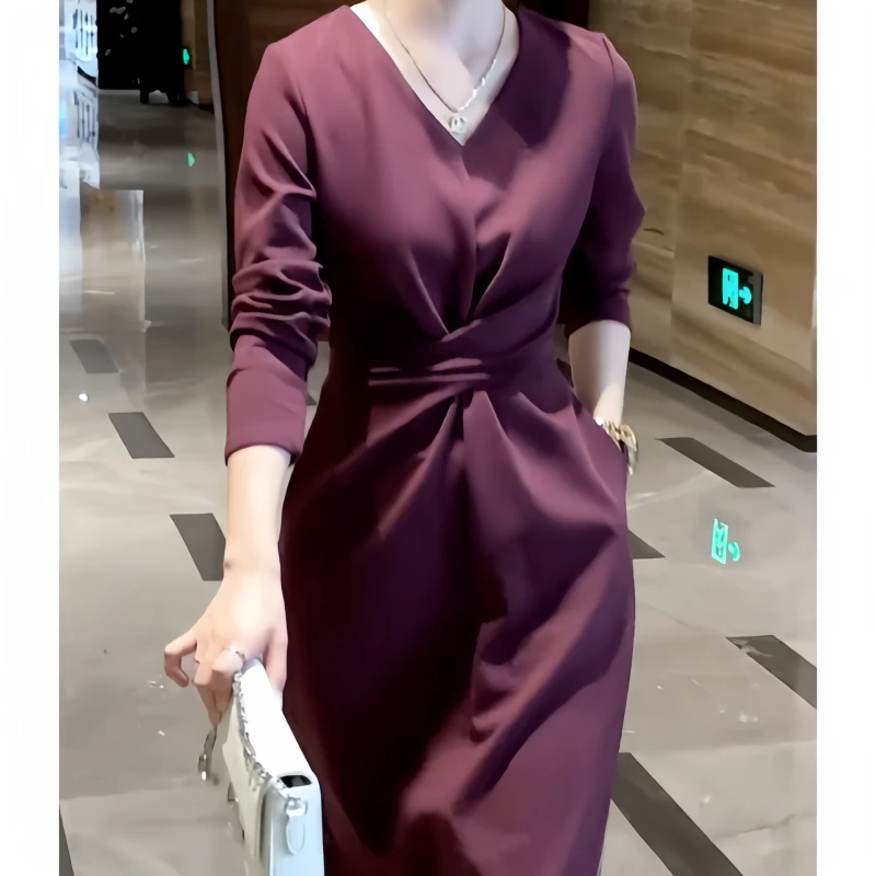 初秋时尚风轻职v领赫本风褶皱百搭系带纯色长袖连衣裙收腰显瘦裙