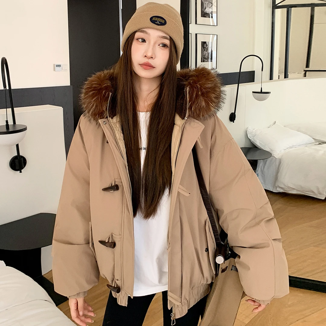 2025冬季新款牛角扣合格品连帽保暖情侣加绒短款宽松派克服棉衣服