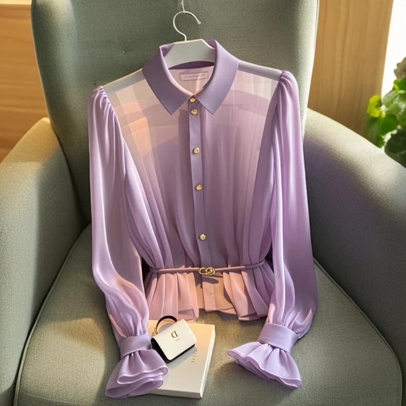 早秋气质超好看长袖上衣女夏法式轻奢高级感气质绝美紫色雪纺衬衫