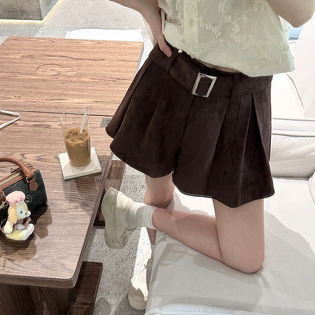 Zzhen【加州city walk】设计感百褶麂皮裙裤减龄百搭短裙DQZ352