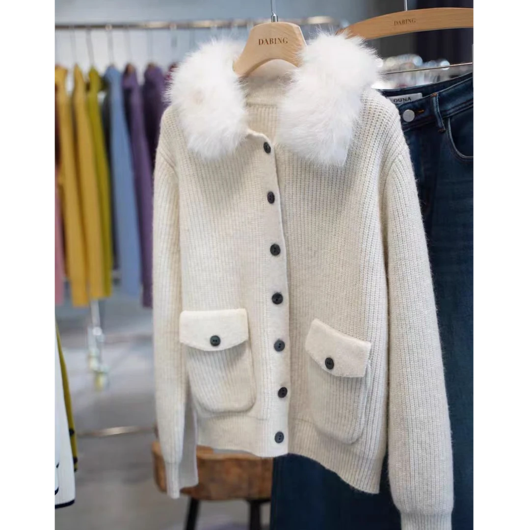 冬季新款设计感高级复古小时髦 可拆卸毛领翻领针织开衫B262#