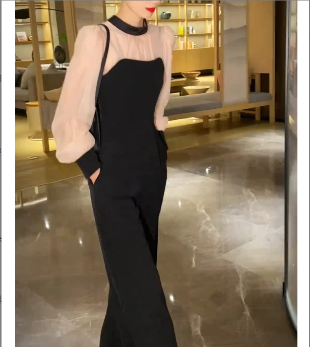 2025女装阔腿百搭修身法式直筒裤修身设计感连体裤高腰