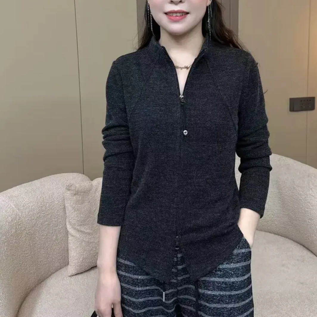 【洪洪】2505春季双拉链时尚气质洋气显瘦百搭休闲长袖针织上衣