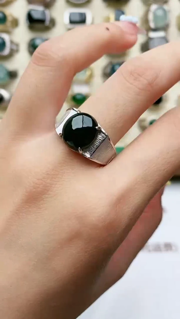 翡翠戒指银S925镶嵌天然翡翠男戒