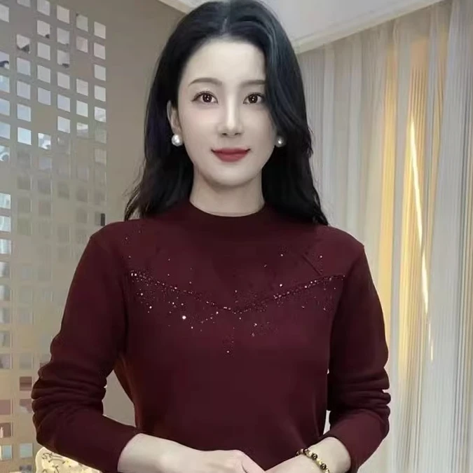 网红打底衫中年女士春秋装上衣中老年女装烫钻纯色针织衫显瘦气质