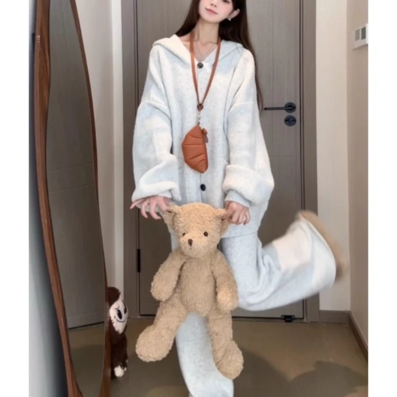 慵懒风灰色套装宽松开衫针织外套女秋季高腰休闲裤直筒长裤两件套