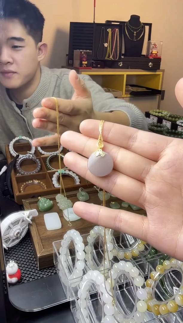 吊坠(赠链)银S925镶嵌和田玉和田玉s925银镶嵌青海烟紫圆牌吊坠