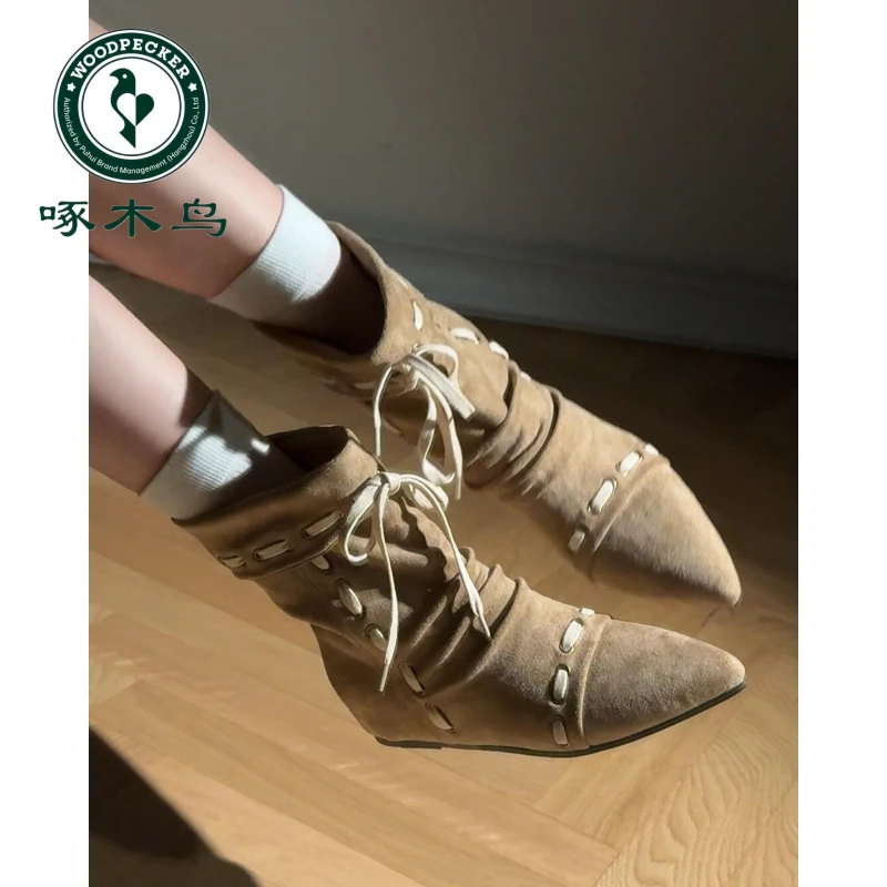 啄木鸟复古绒面短靴女款2025秋季新款百搭内增高堆堆靴尖头骑士靴