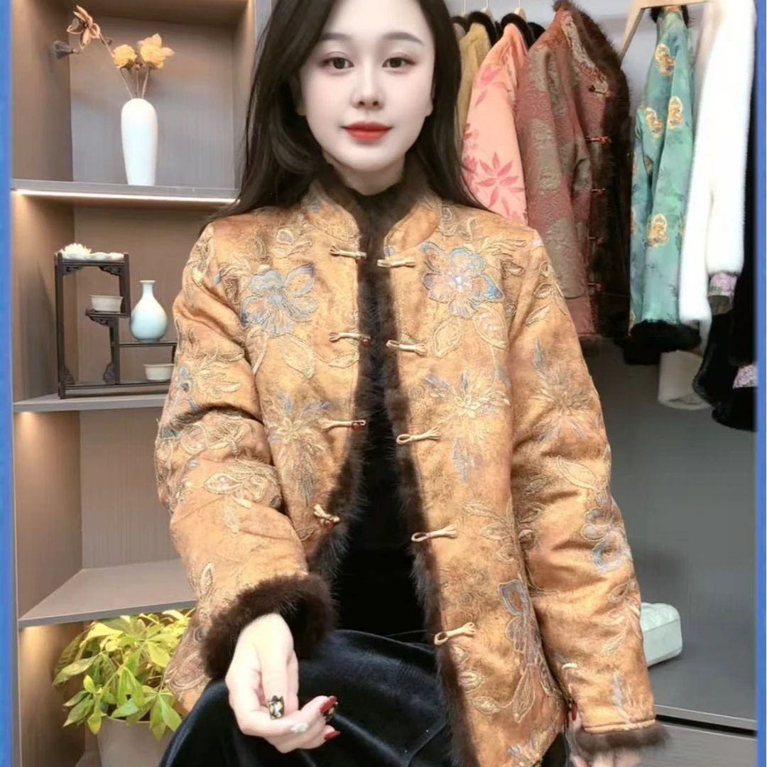 双面穿新中式冬季皮毛一体立领上衣水貂毛新中式唐装提花外套S060