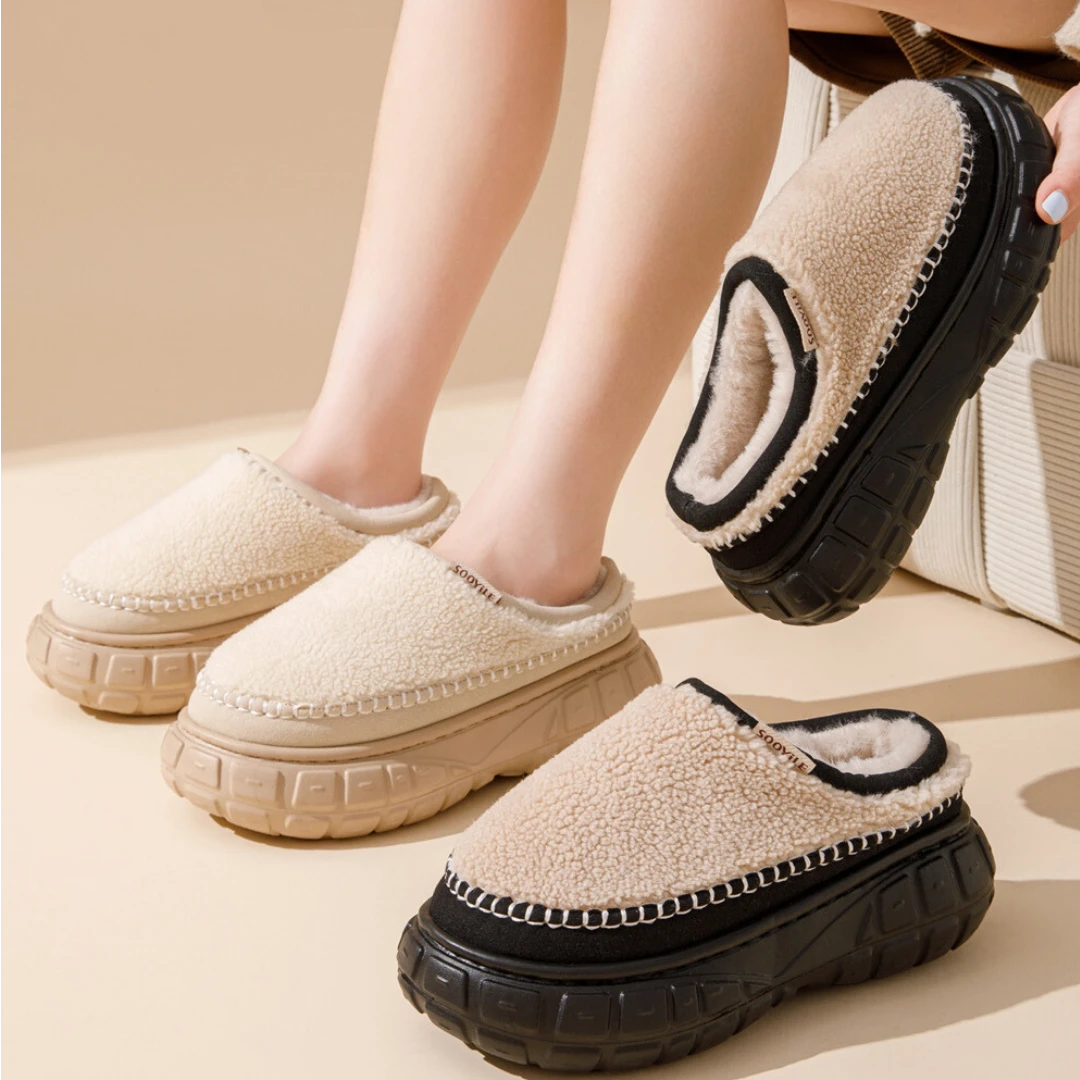 厚底毛绒棉拖女士秋冬季室内家居保暖防滑踩屎感拖鞋百搭简约