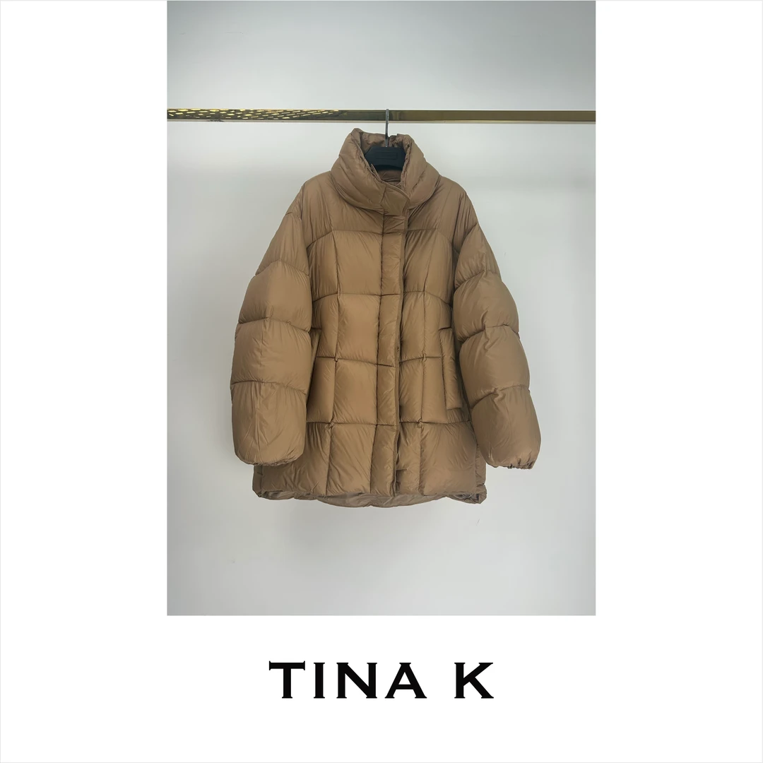 TinaK立领中长款方格泡芙羽绒服时尚休闲简约宽松设计师YR224146