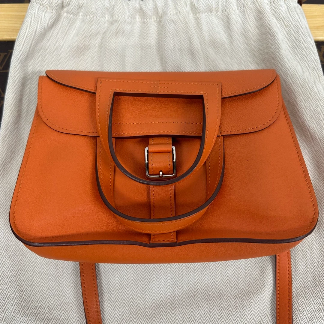 95新 Hermes/爱马仕 橙色银扣halzan mini手提单肩包 11226