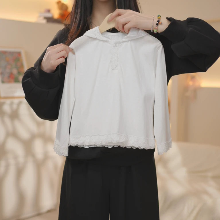 2025春季新款女童长袖中大童花边洋气外穿长袖连帽宽松