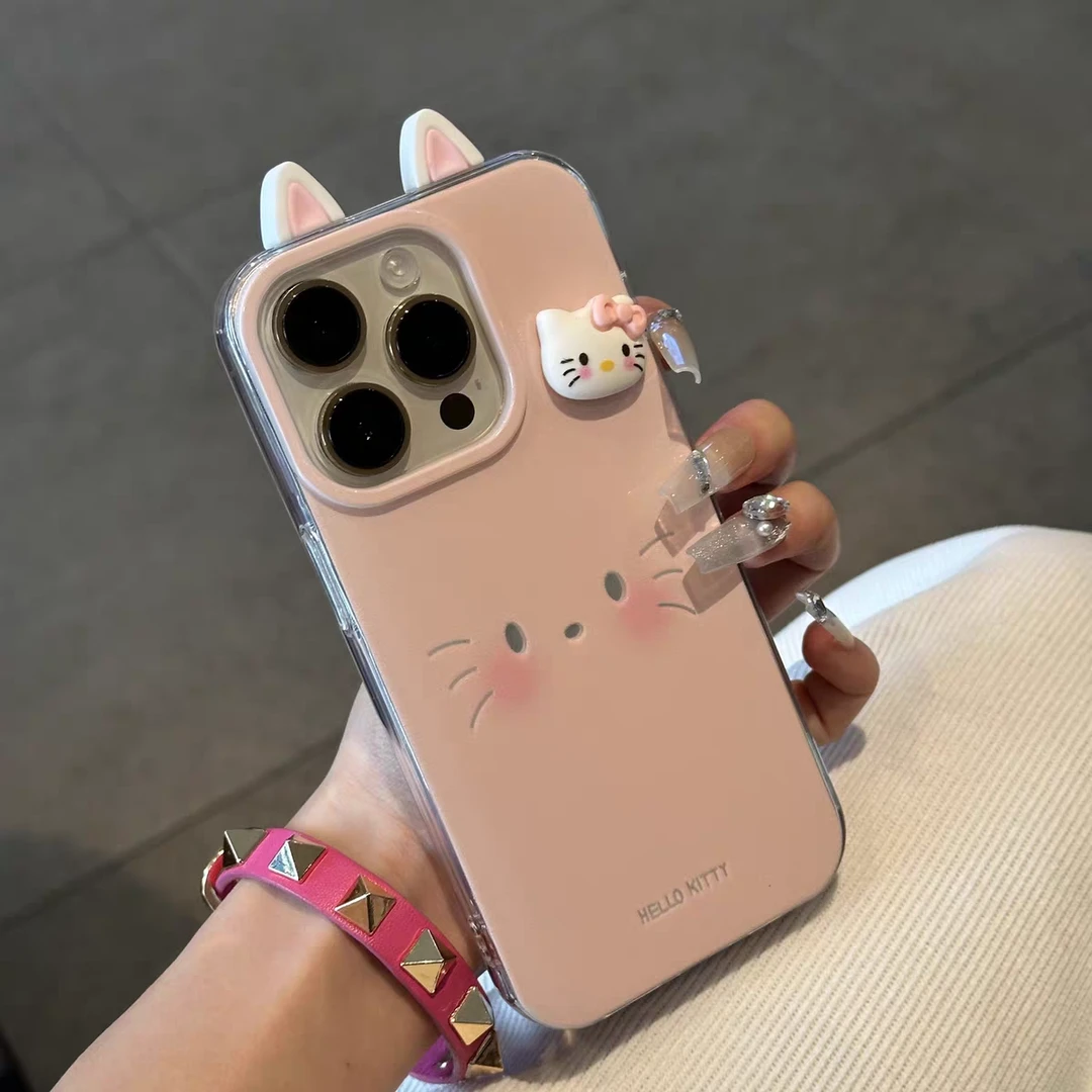 粉色KT猫公仔适用苹果16promax手机壳新款iphone15保护套女款羽纱