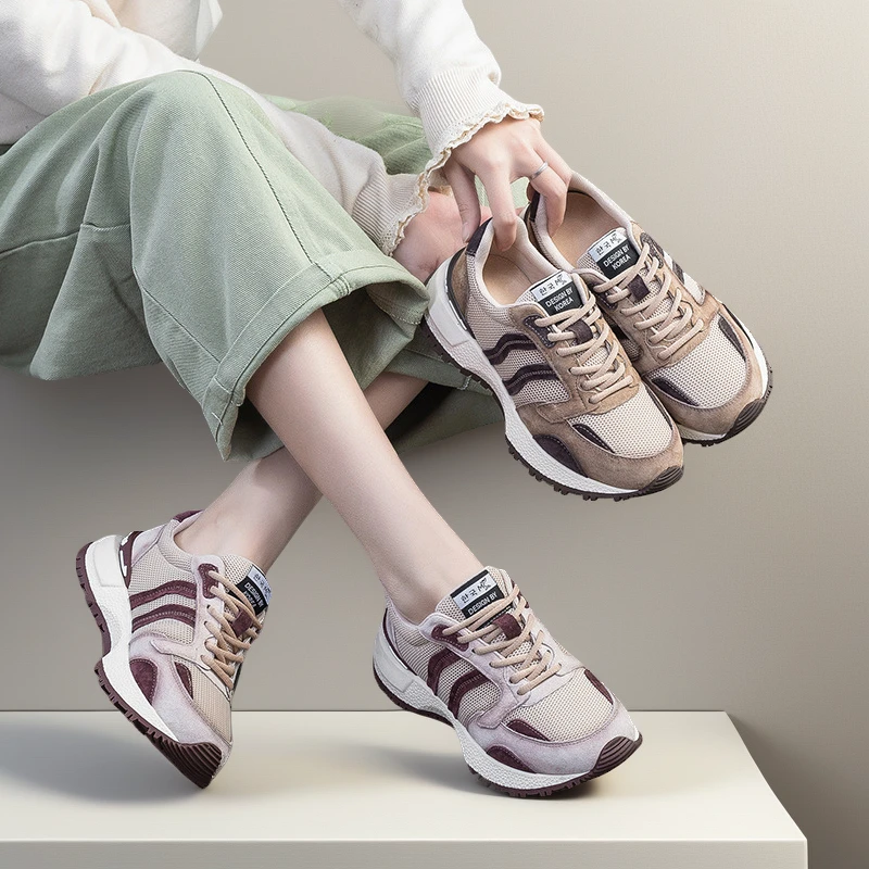 福利舒适2025春夏新款洋气复古拼色厚底老爹鞋透气网面欧美风女鞋