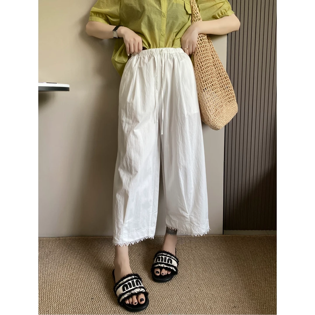 时尚蕾丝花边阔腿裤女2025年夏季新款胖mm高腰显瘦休闲九分直筒裤