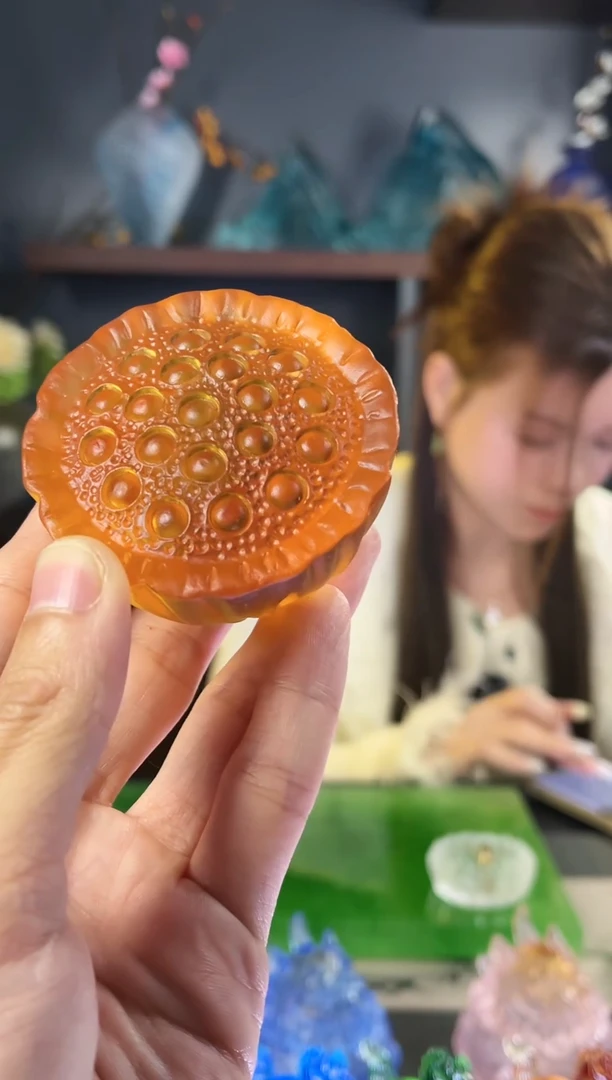 手工艺品琉璃古法琉璃琥珀色莲蓬盖置茶宠