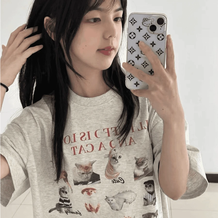 美式复古可爱减龄猫咪印花灰色纯棉短袖T恤女辣妹小众宽松上衣ins