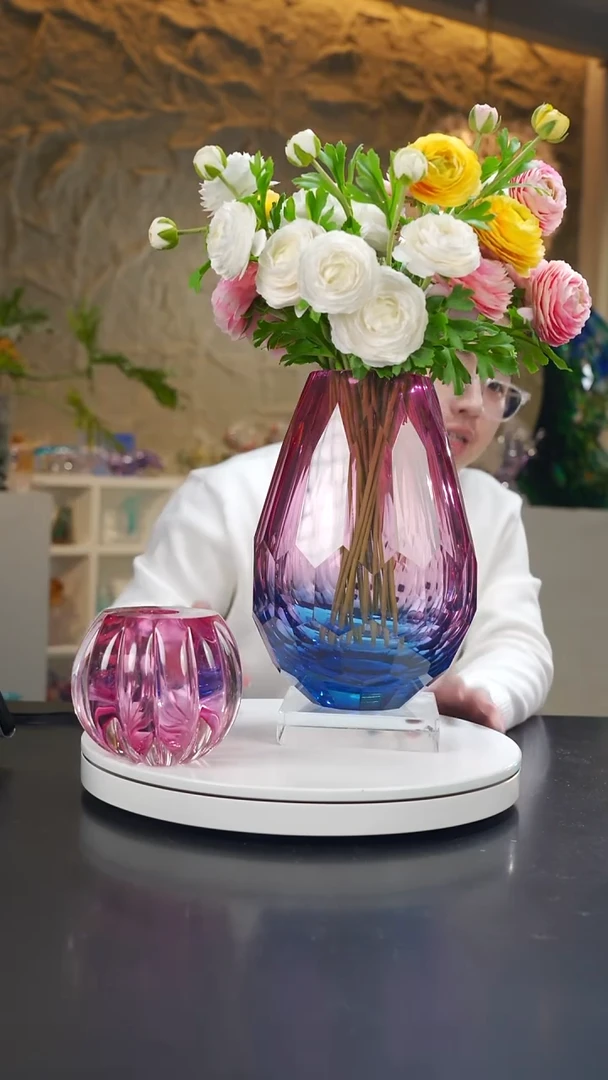 摆件金红蓝钻石切面花器+底座+香薰瓶